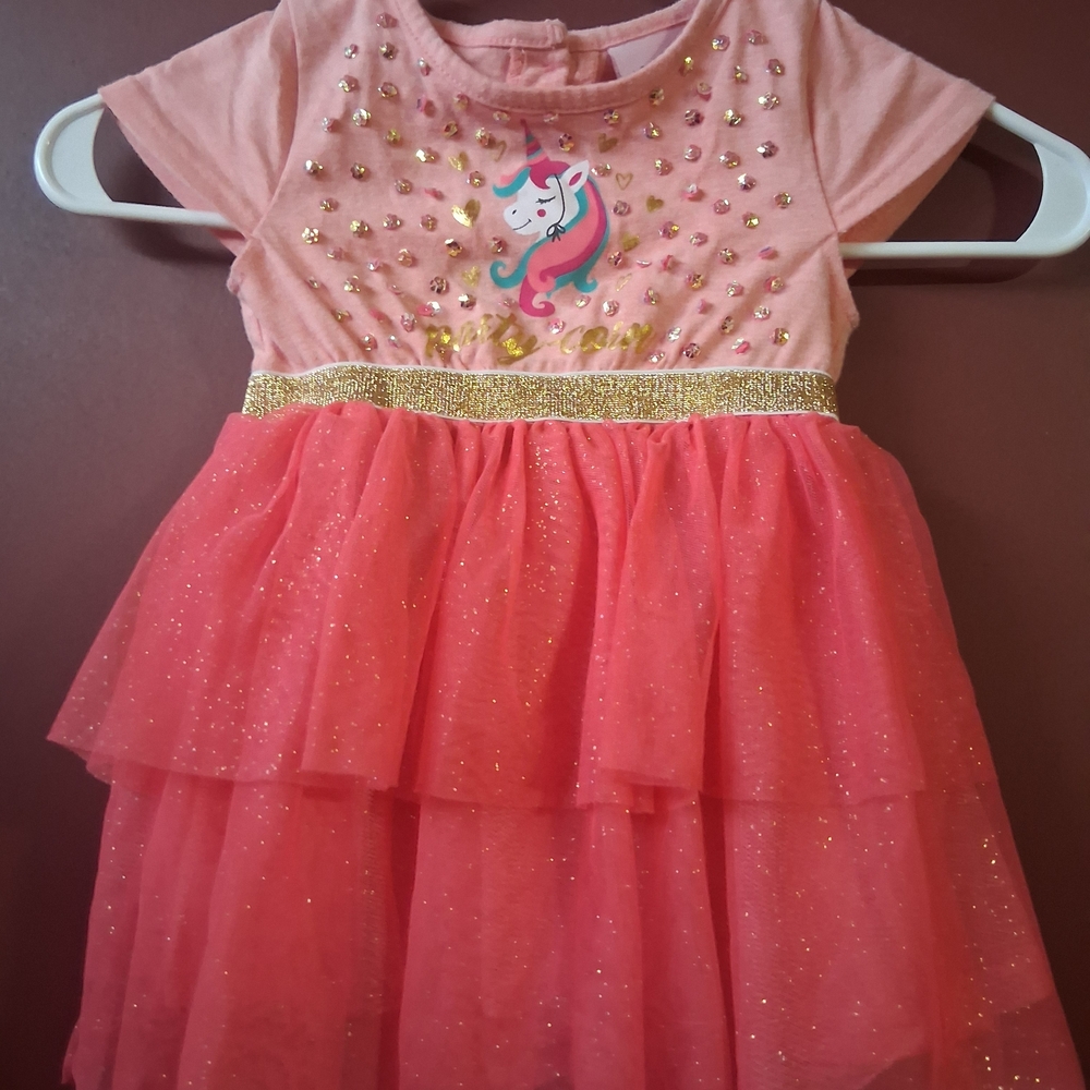 Little Lass Pink Unicorn Dress with Gold Accents